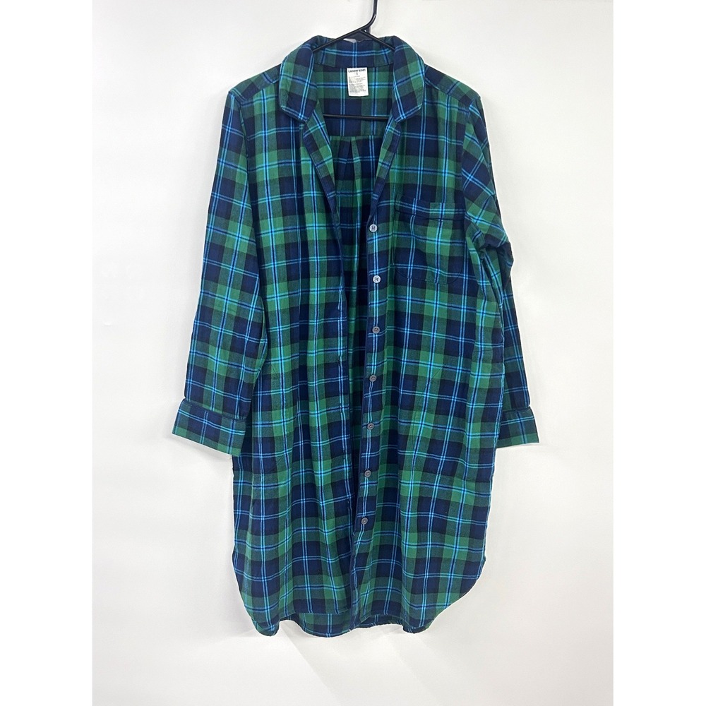 Lands' End Plaid Flannel Nightshirt XL 18 Blue Green Tartan Sleepwear Loungewear